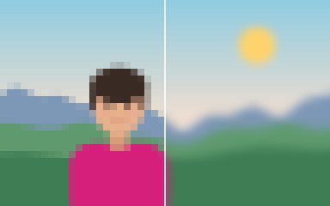 A blocky picture on the left and a smoothed version on the right